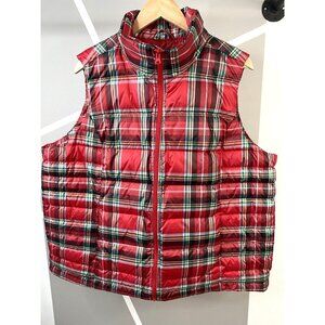 New Lands End Down Filled Puffer Vest Womens 1X 16W-18W Red Tartan Plaid Zip